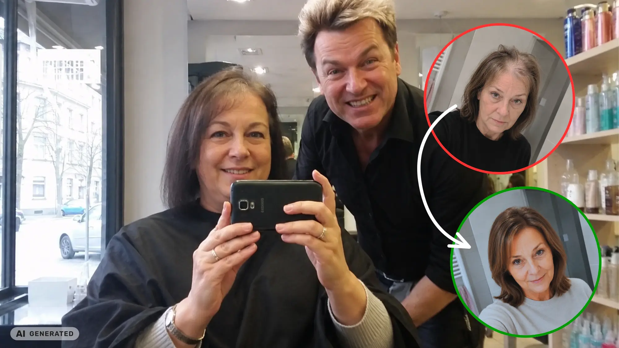 Frau im Friseurstuhl, warmes Licht
